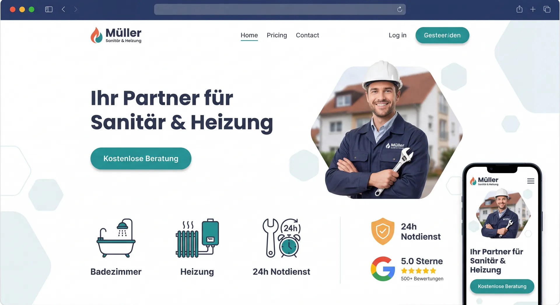 Web Design for HVAC Batherm: Desktop and Mobile Responsive Mockup of the new craftsmen website